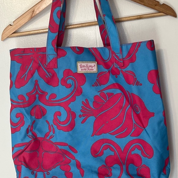 Lilly Pulitzer for Estée Lauder Canvas Tote Pink and Blue fish/ crab vacation - Picture 8 of 12